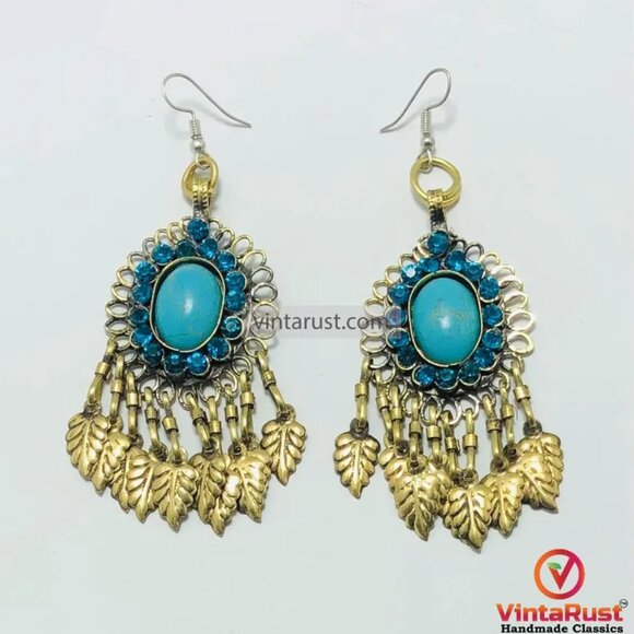 Turquoise Chandelier Earrings, Handmade Kuchi Boho Dangle Earrings, Boho Earring - Picture 1 of 9